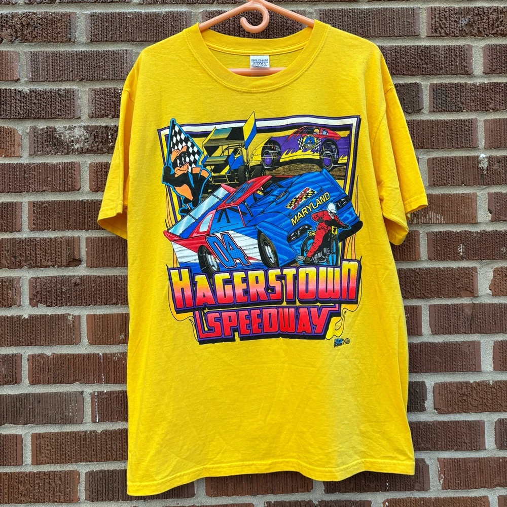 Vintage Hagerstown Speedway Yellow T-Shirt Size Mens Large On Hanes Unisex